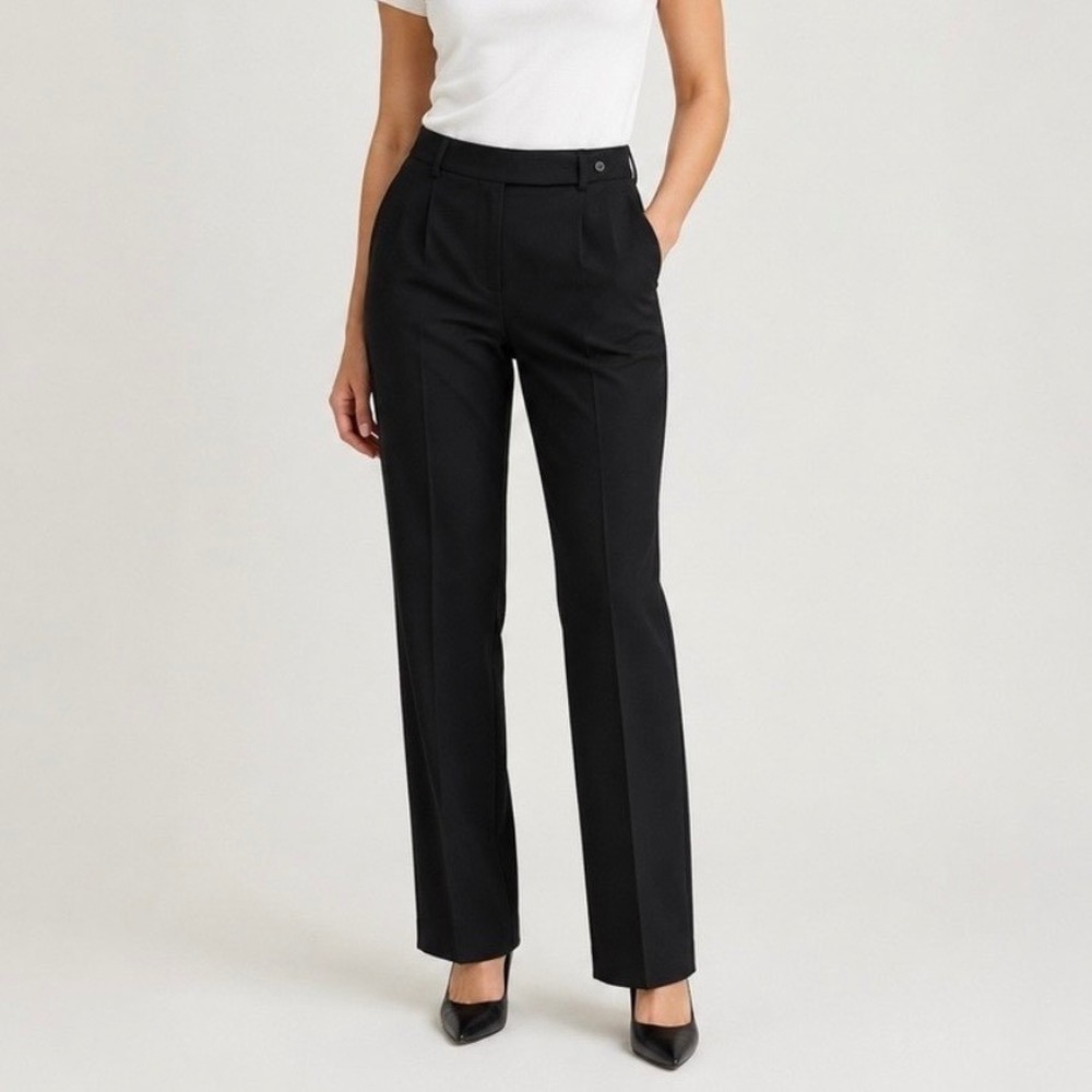 Max Mara Black Virgin Wool Straight Leg Tailored Trousers Made in Italy Size 8